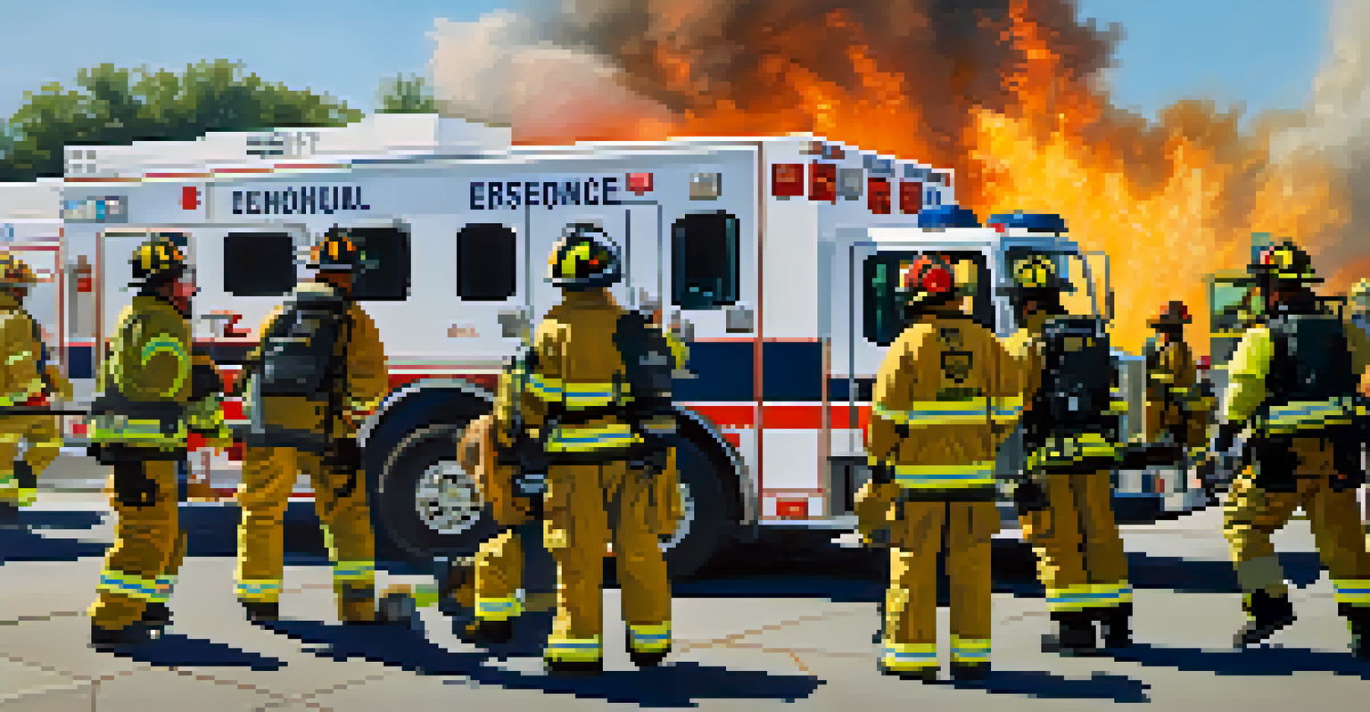 A team of emergency responders conducting a drill outdoors, with firefighters and medical staff in safety vests.