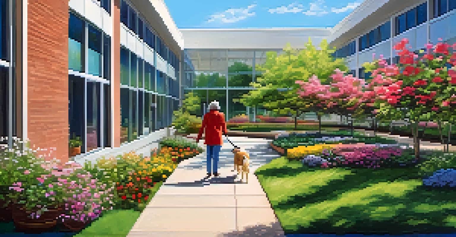 A patient walking with a therapy dog in a colorful garden with blooming flowers, under a clear blue sky.