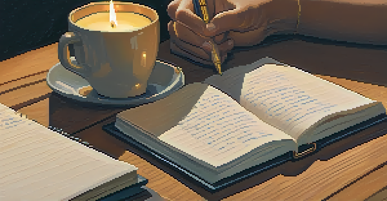 Close-up of hands writing in a journal on a wooden desk with motivational quotes and a lit candle in the background.