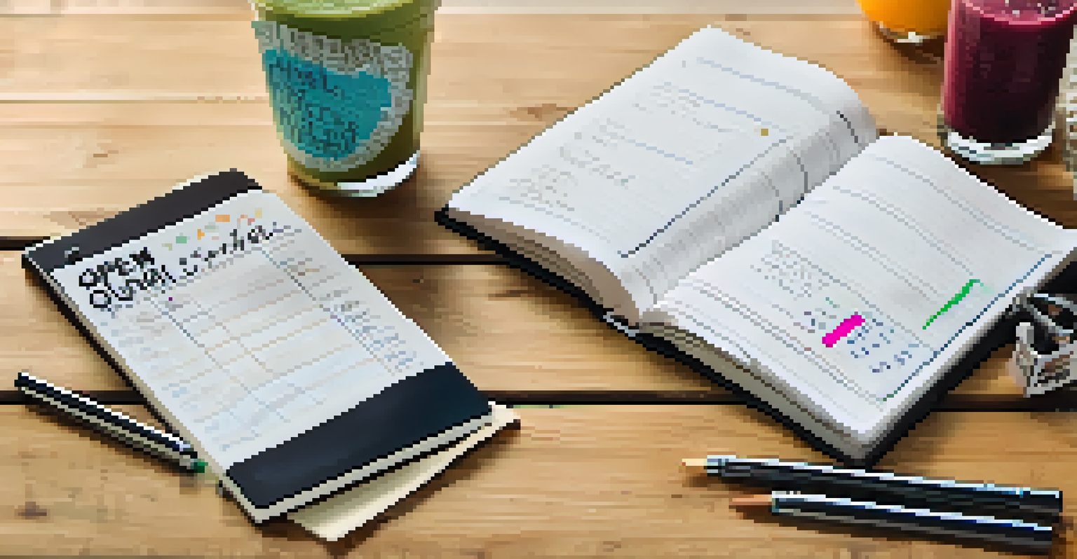 A close-up of an open fitness journal on a wooden table, with motivational quotes and a smoothie nearby.