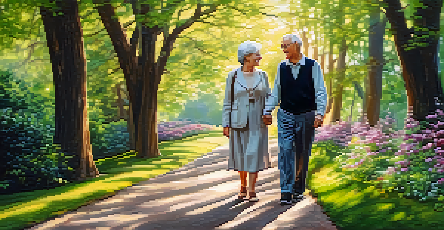 A senior couple walking hand in hand along a flower-lined park path, smiling at each other.