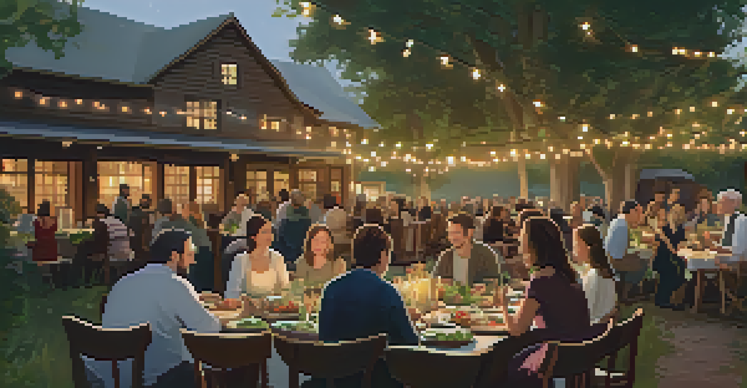 A picturesque outdoor farm-to-table dinner with long tables adorned with local dishes and fairy lights, capturing a sense of community.