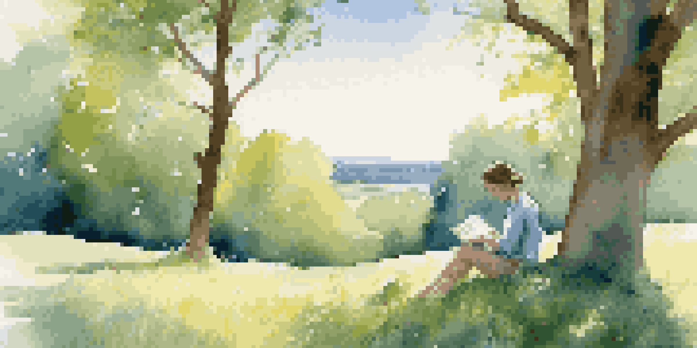 A person reading a book on a grassy hill under a blue sky, surrounded by trees and flowers, enjoying nature during a digital detox.