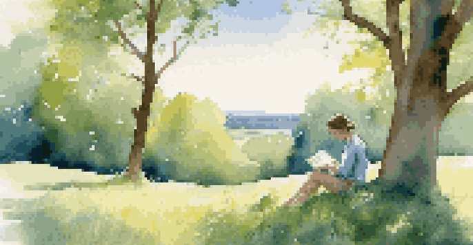 A person reading a book on a grassy hill under a blue sky, surrounded by trees and flowers, enjoying nature during a digital detox.