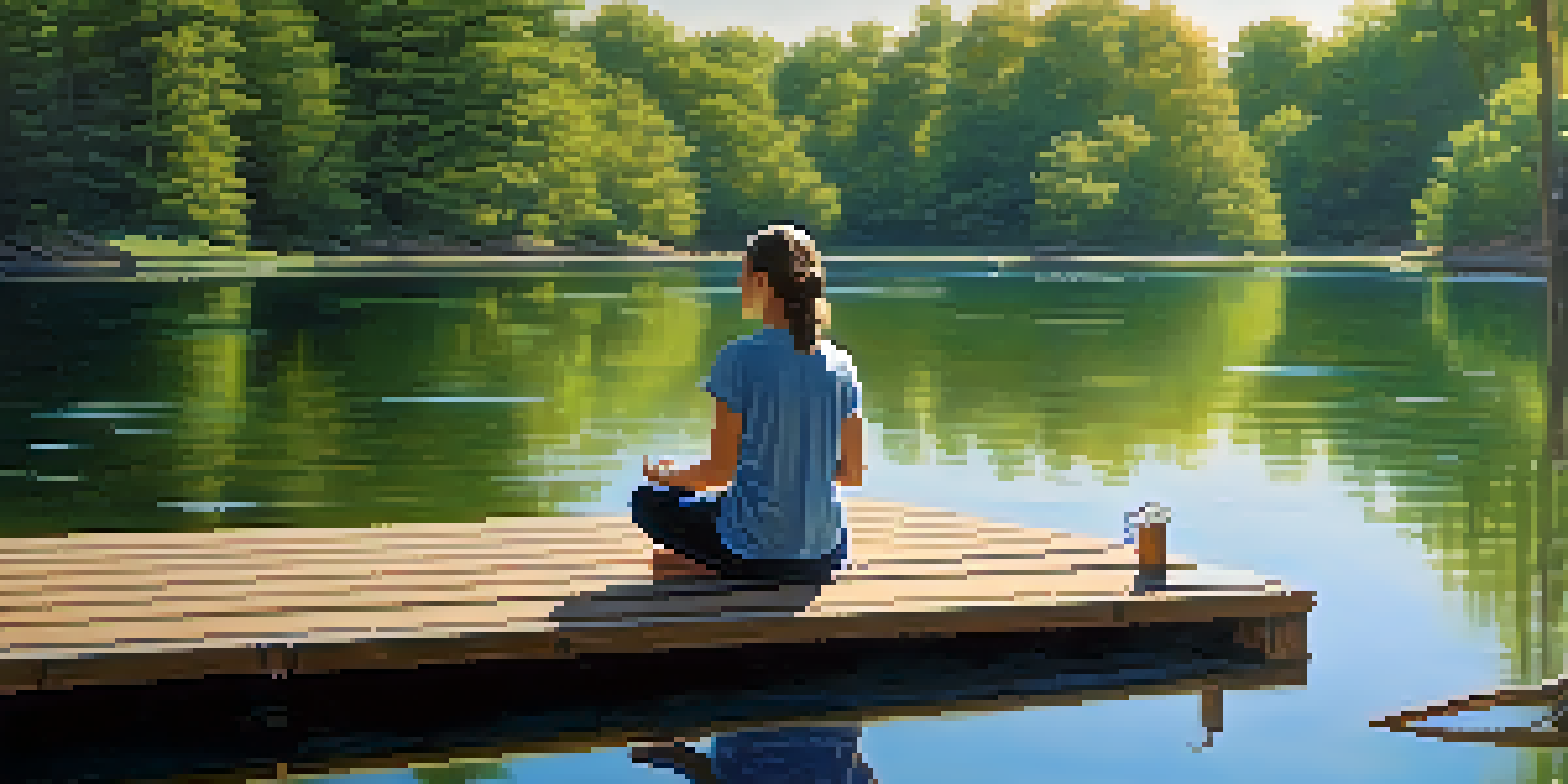 A person practicing mindfulness sits cross-legged on a wooden dock by a calm lake, surrounded by lush green trees and under a clear blue sky.