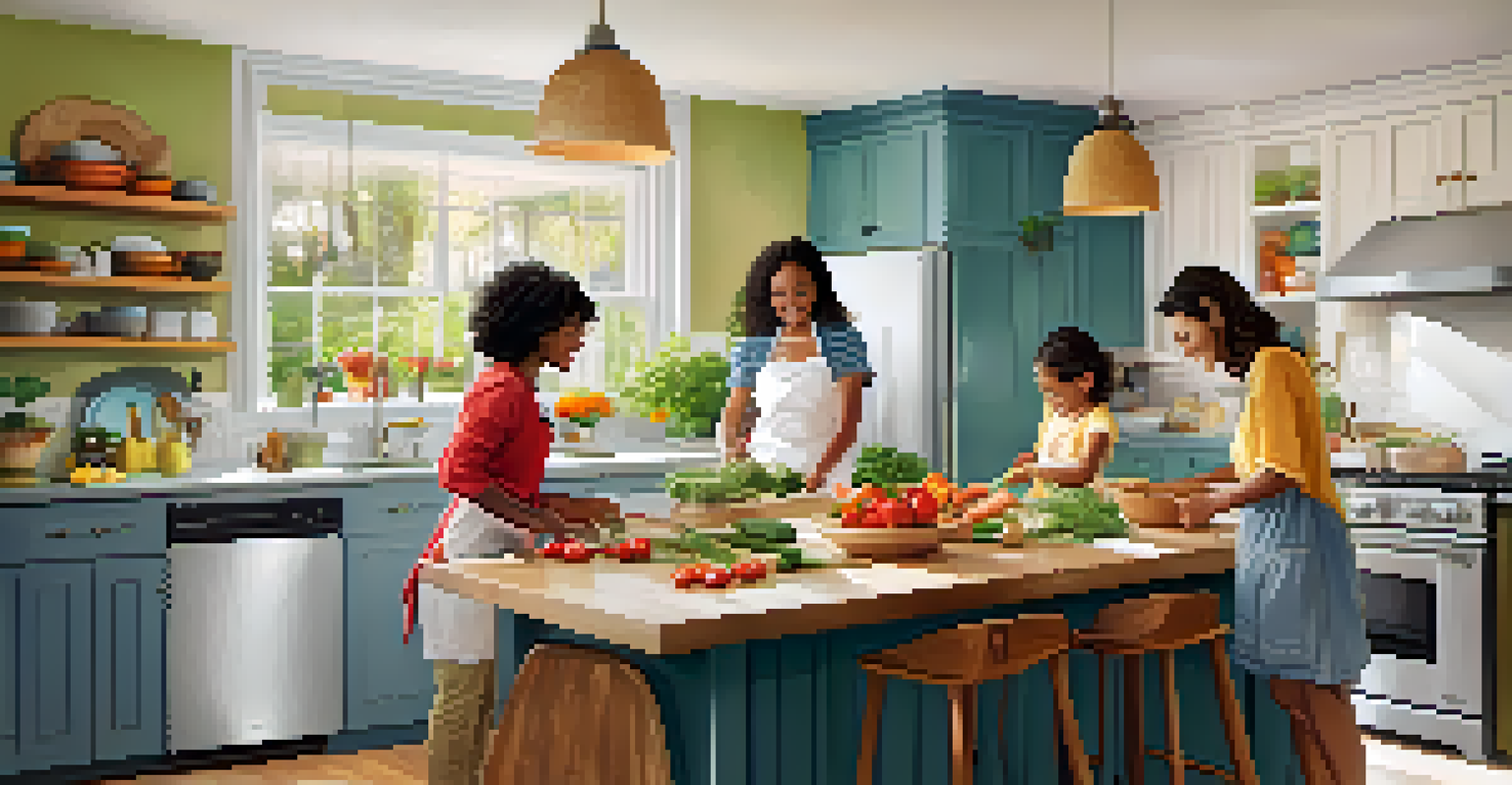 A family happily cooking together in a bright kitchen, surrounded by colorful utensils and fresh ingredients, capturing a lively moment.