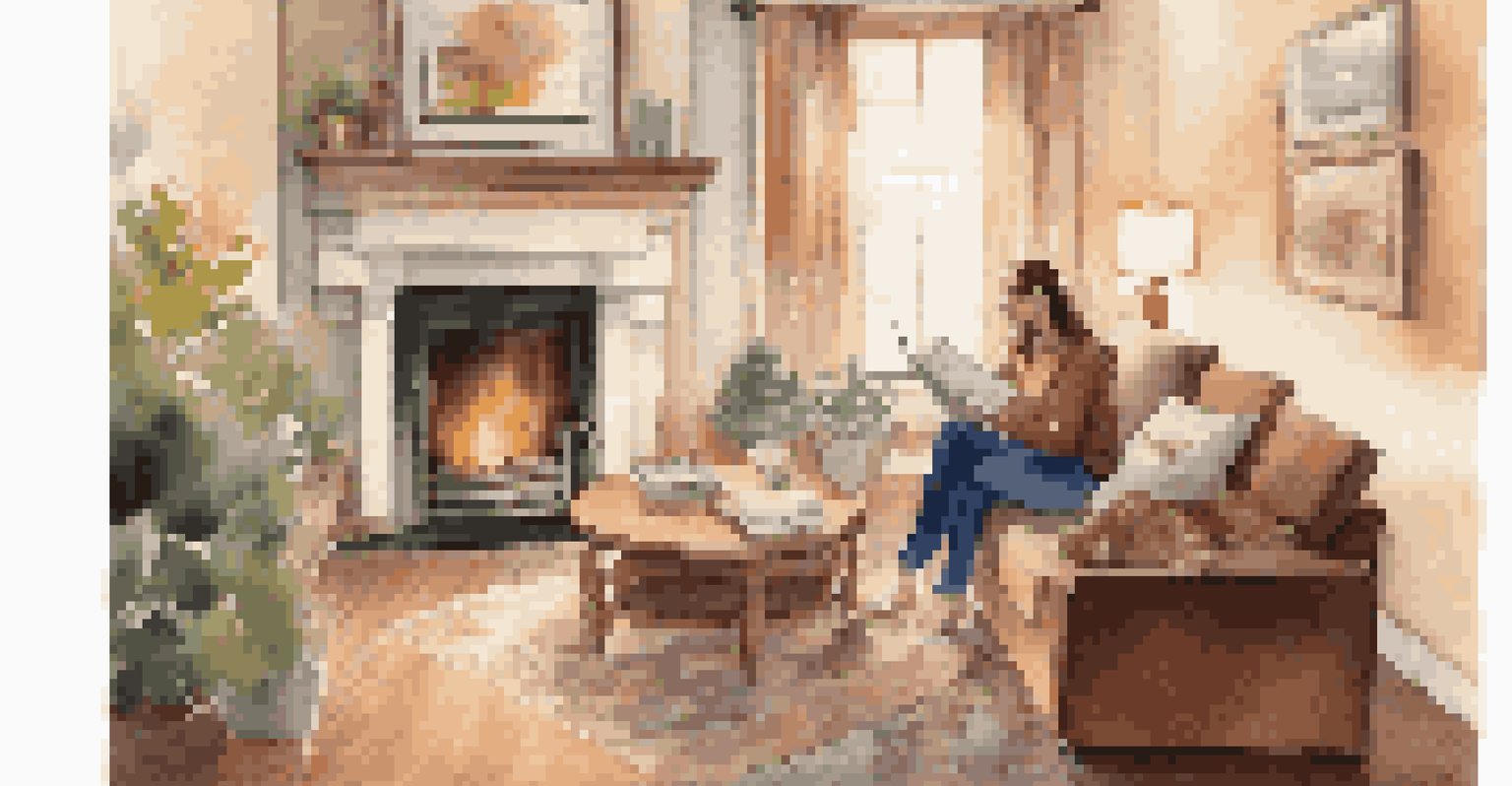 A person in a cozy living room, examining a physical health information binder with a cup of tea on the table.