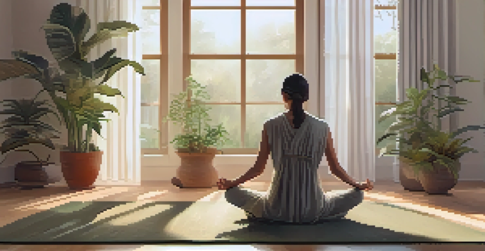 A person meditating in a sunlit room with indoor plants, creating a peaceful atmosphere.