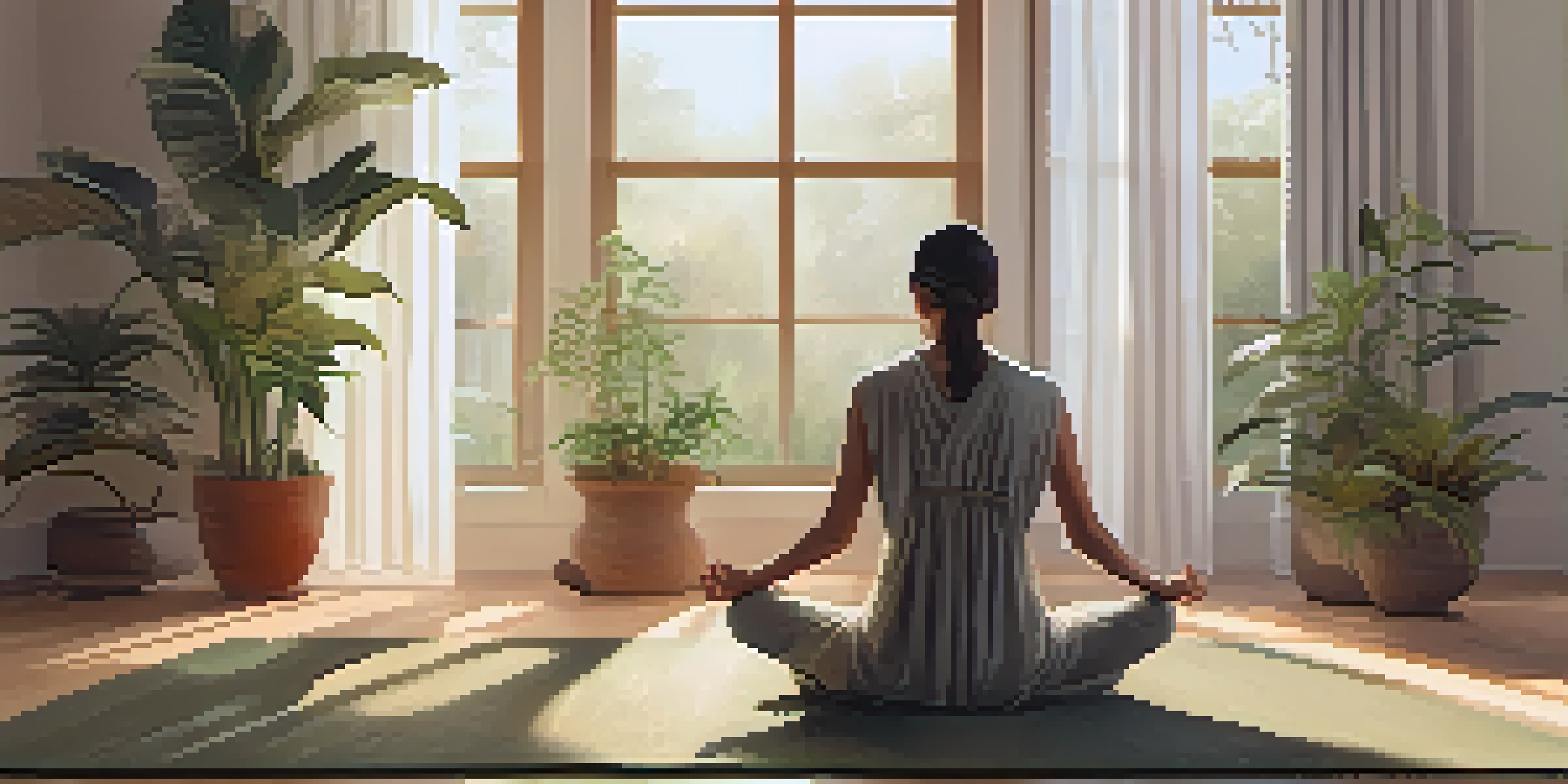 A person meditating in a sunlit room with indoor plants, creating a peaceful atmosphere.
