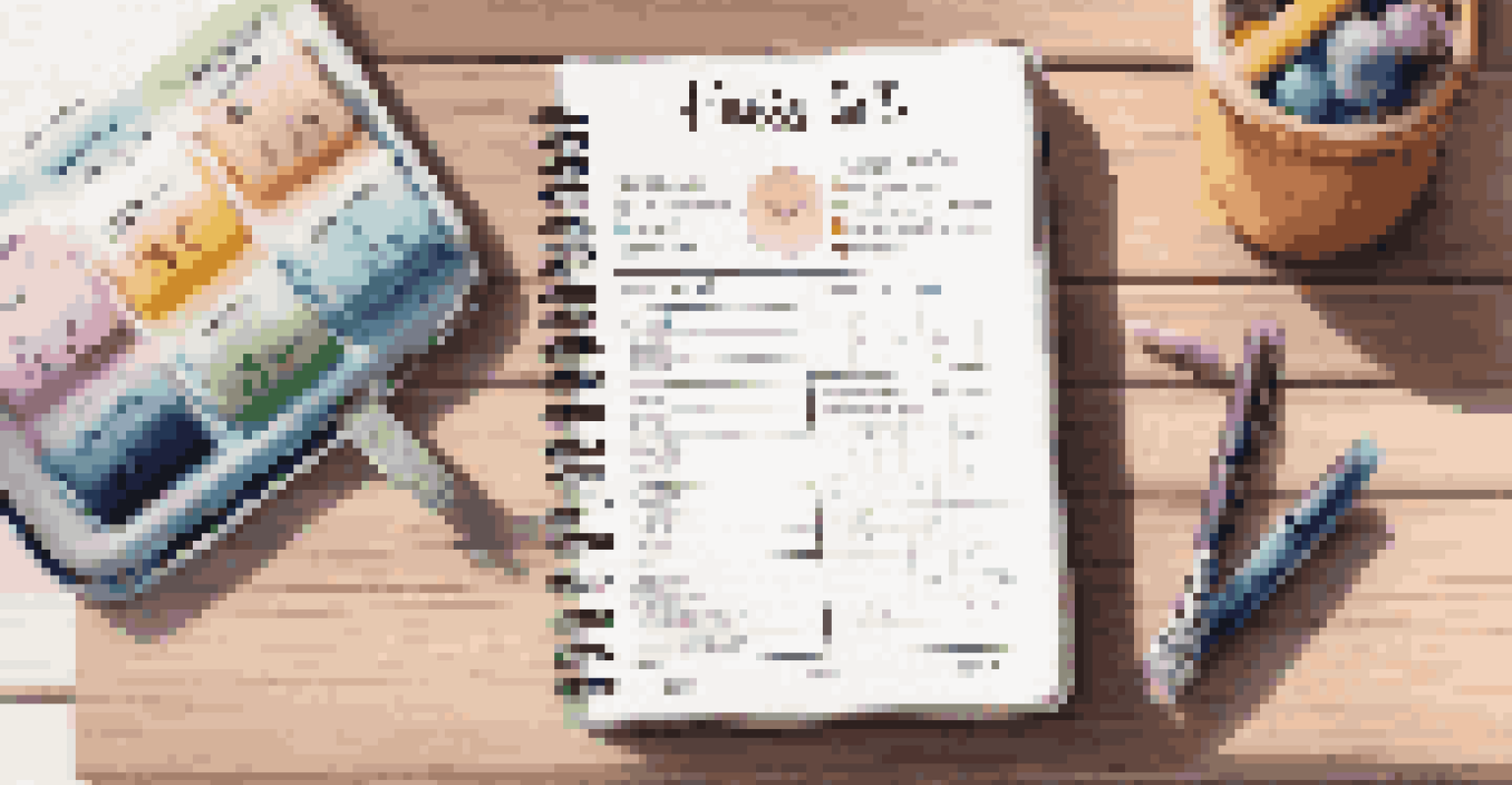A close-up of an open fitness planner on a wooden table with written goals, pens, and a water bottle.