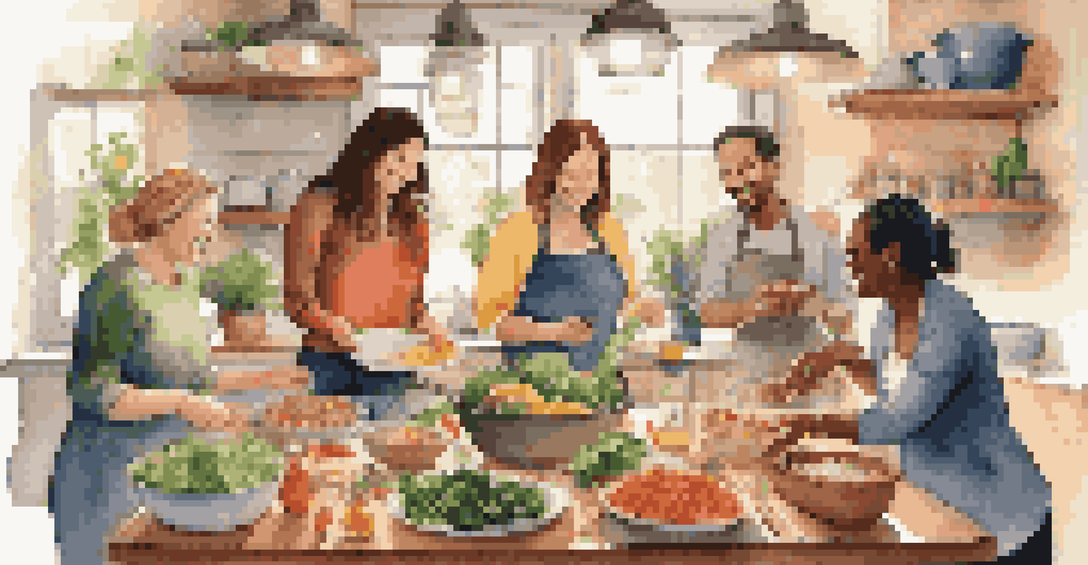 A warm kitchen scene with friends preparing healthy meals together, surrounded by fresh ingredients and enjoying each other's company.