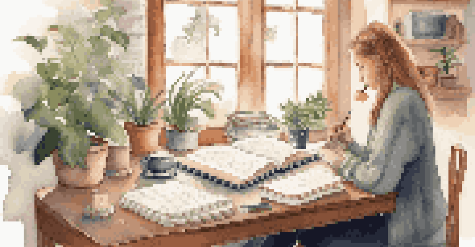 A person writing positive affirmations in a cozy workspace with a journal, tea, and plants around them.