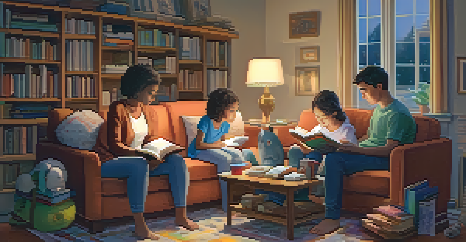 A family enjoying quiet activities together, reading and drawing in a cozy living room with warm lighting.