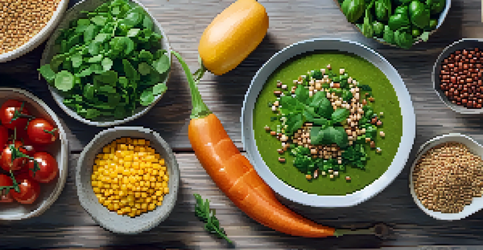 A colorful flat lay of a plant-based meal with fresh vegetables, legumes, and grains on a wooden table, illuminated by soft natural light.