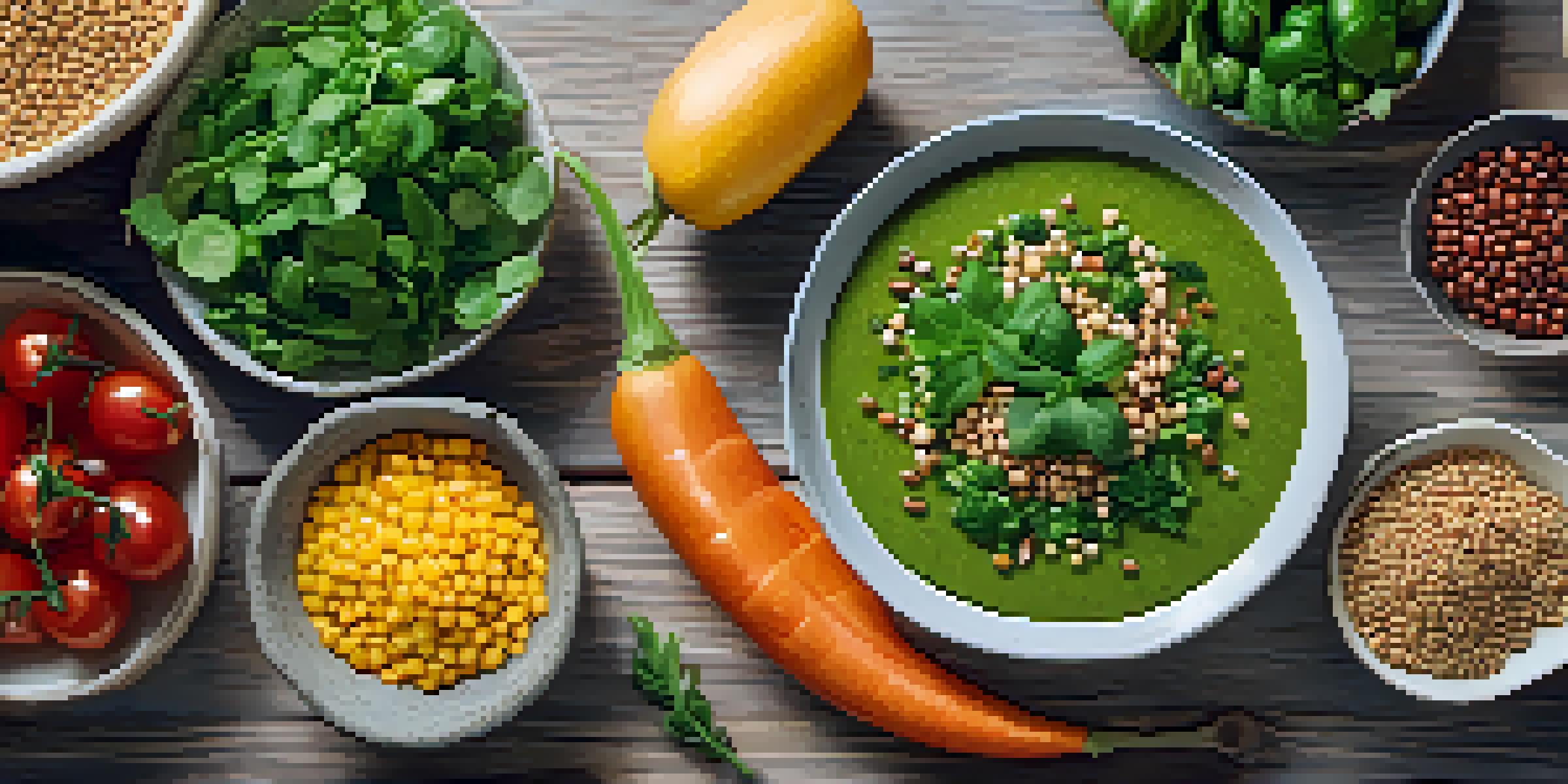 A colorful flat lay of a plant-based meal with fresh vegetables, legumes, and grains on a wooden table, illuminated by soft natural light.