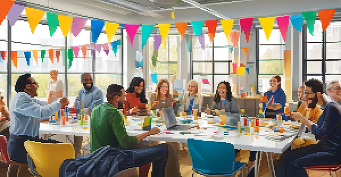 A bright and lively office with employees of different backgrounds participating in a team-building activity, surrounded by decorations celebrating their achievements.