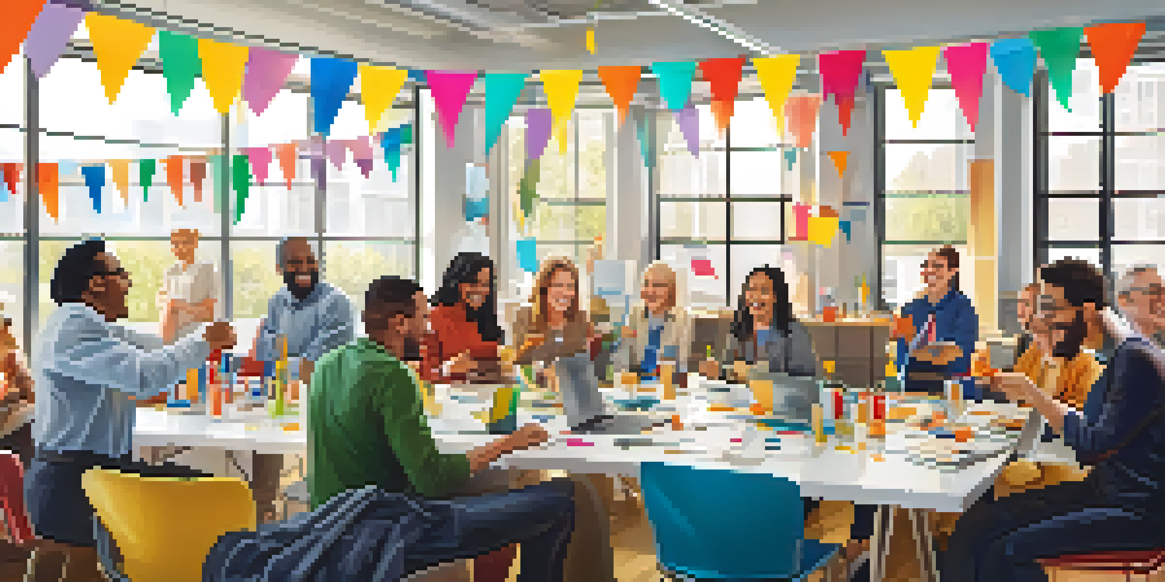 A bright and lively office with employees of different backgrounds participating in a team-building activity, surrounded by decorations celebrating their achievements.