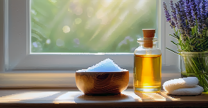 A tranquil spa environment with essential oil bottles, a lavender plant, and a diffuser in soft light.