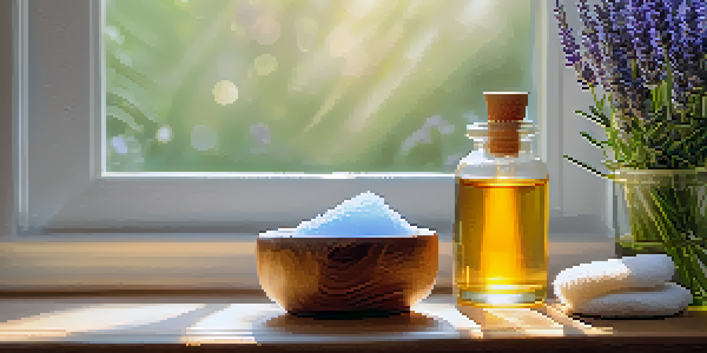 A tranquil spa environment with essential oil bottles, a lavender plant, and a diffuser in soft light.