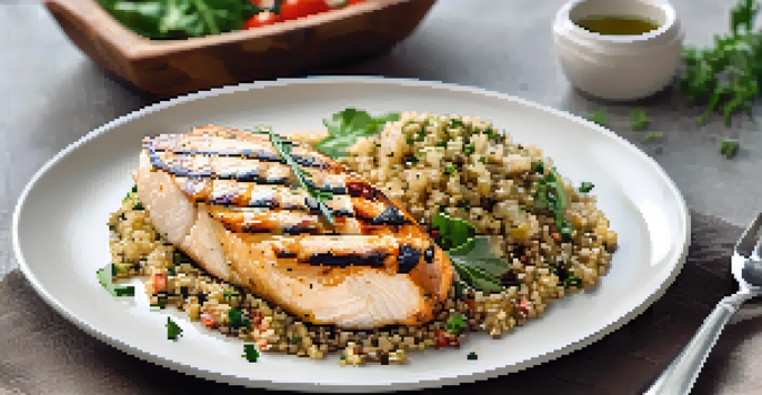 A colorful plate with grilled chicken, quinoa, and olive oil, showcasing a healthy meal.
