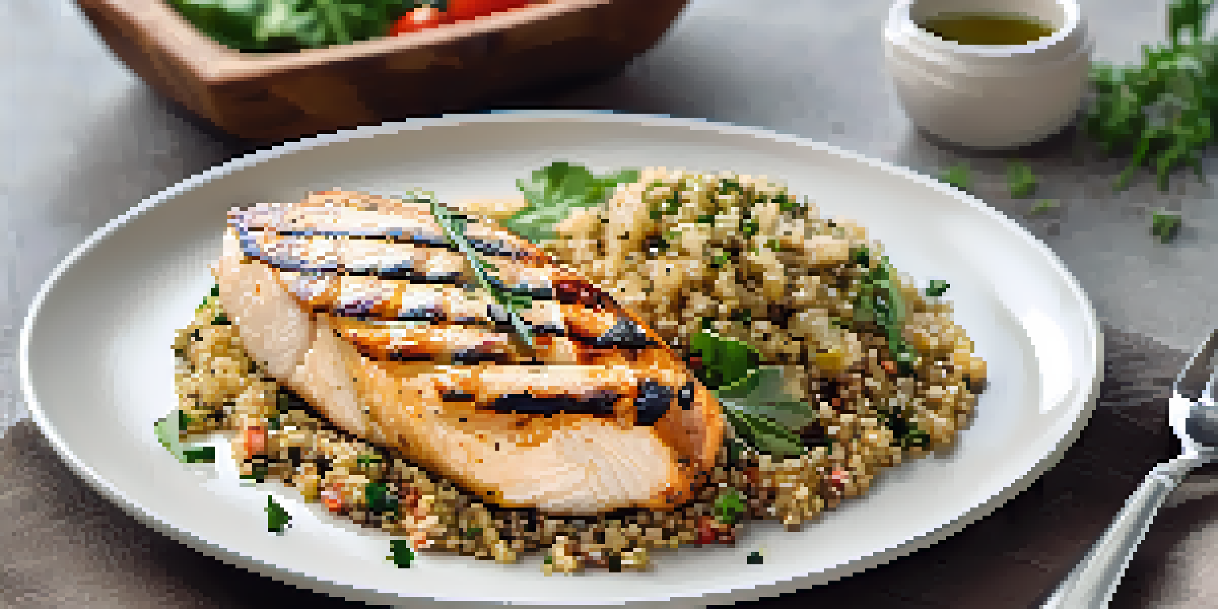 A colorful plate with grilled chicken, quinoa, and olive oil, showcasing a healthy meal.