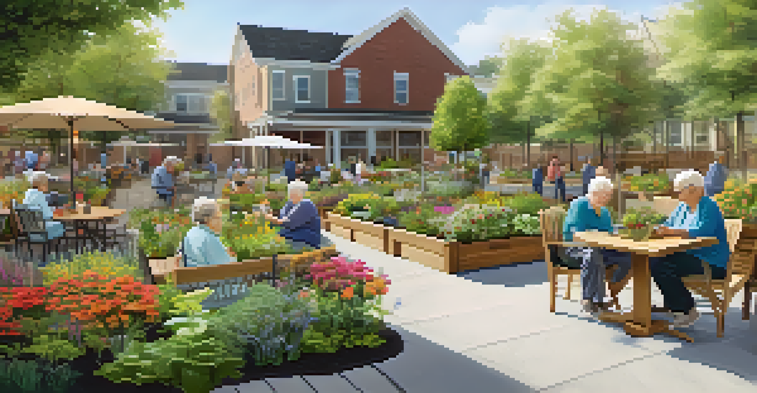 An accessible community garden with raised beds and seating areas, where older adults are gardening and socializing, surrounded by a variety of plants.