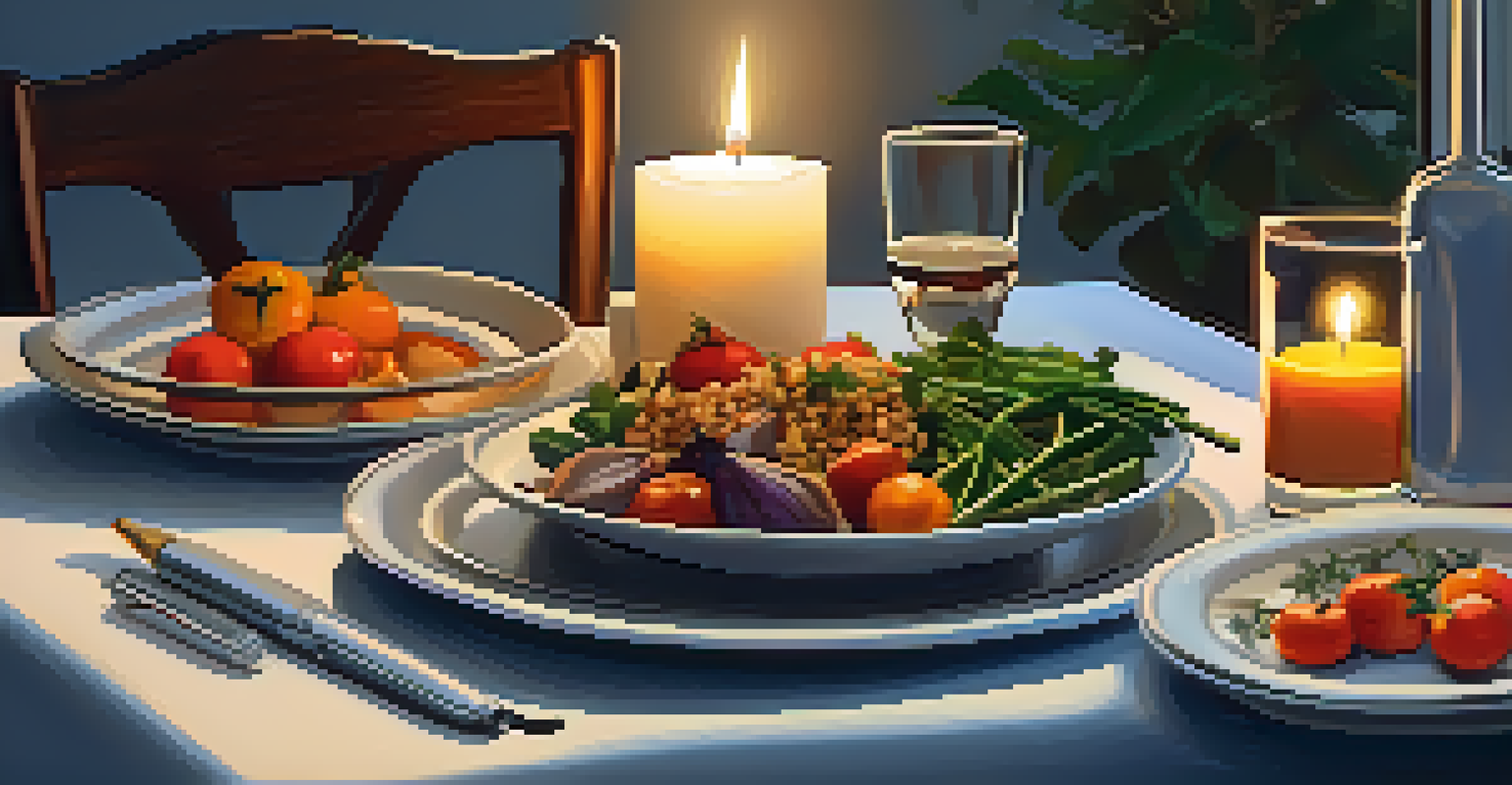 A peaceful dining table set for mindful eating, with a colorful meal and soft lighting.
