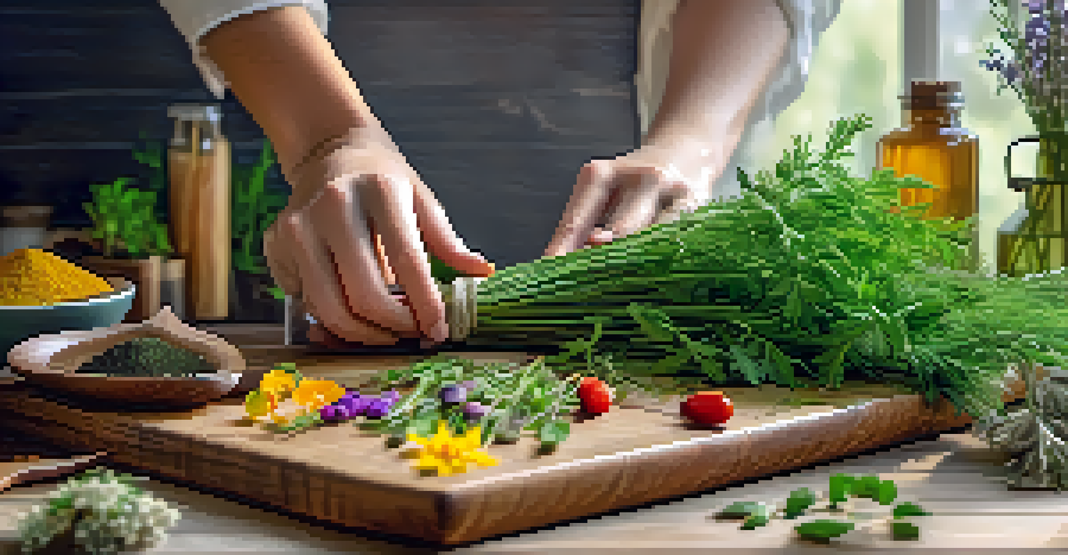 A close-up of hands working with fresh herbs on a cutting board in a warm kitchen setting.