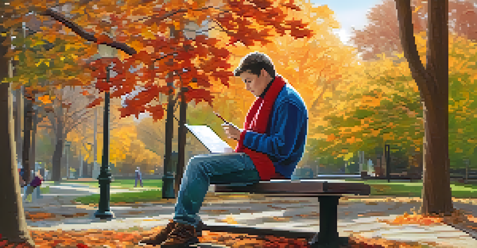 A person writing in a notebook on a park bench surrounded by colorful autumn leaves, reflecting in nature.