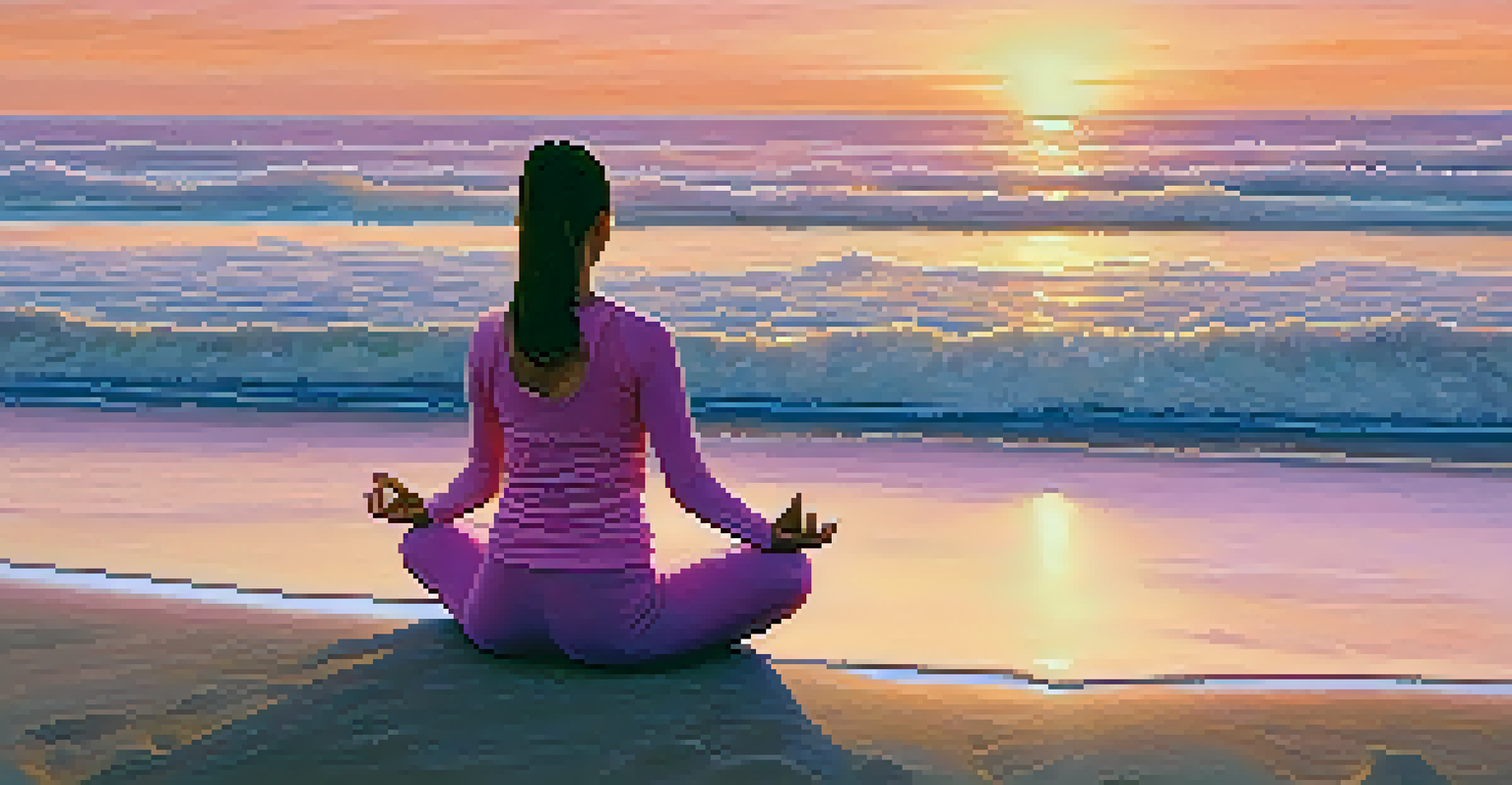 A person practicing yoga on a calm beach at sunrise, with a colorful sky and gentle waves, emphasizing mindfulness.