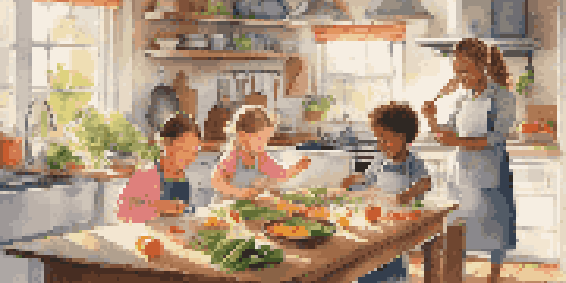 A family cooking together in a bright kitchen, with children in aprons and colorful ingredients around them.