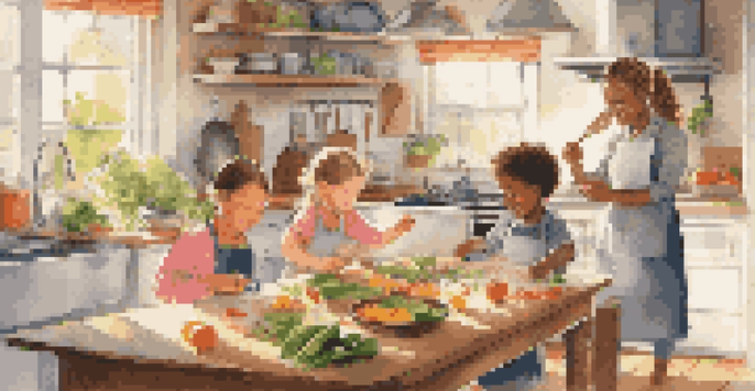A family cooking together in a bright kitchen, with children in aprons and colorful ingredients around them.