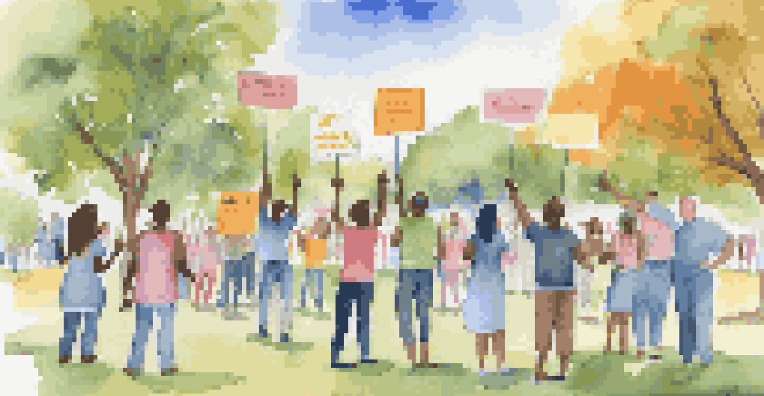 A diverse group of individuals in a park holding colorful signs for mental health awareness, surrounded by trees and a clear blue sky.
