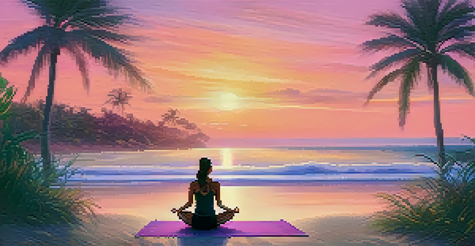A peaceful beach retreat at sunrise with a person practicing yoga on a mat, surrounded by tropical plants and calm waters.