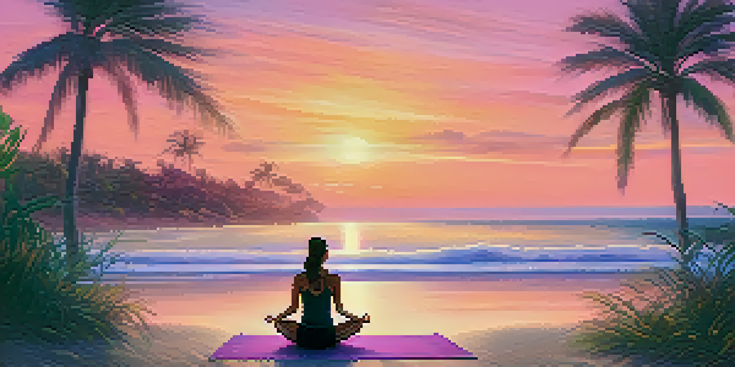 A peaceful beach retreat at sunrise with a person practicing yoga on a mat, surrounded by tropical plants and calm waters.