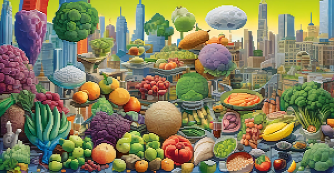 An artistic representation of a healthy gut microbiome as a colorful city filled with cartoon microorganisms, surrounded by fruits and vegetables.