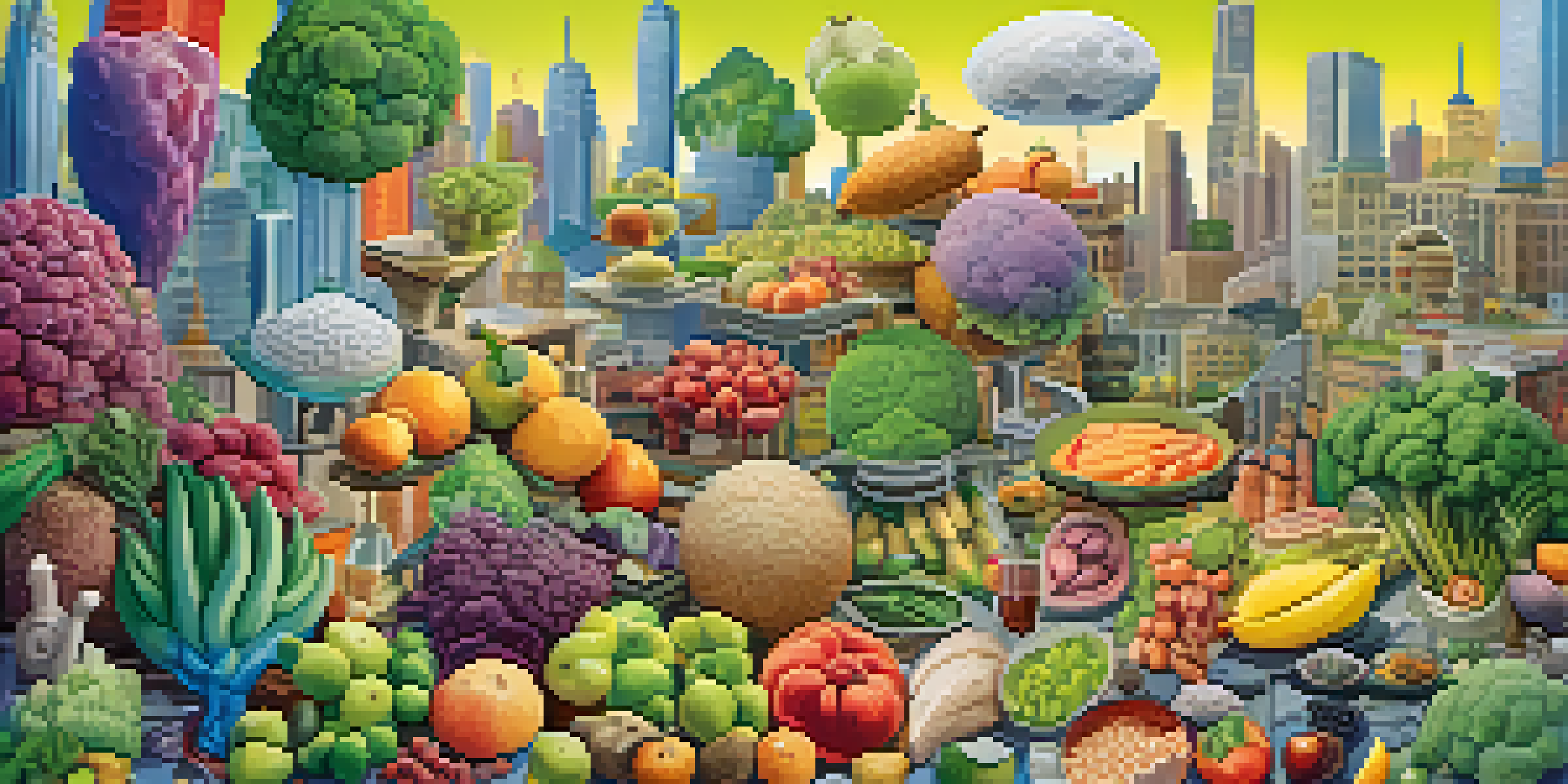 An artistic representation of a healthy gut microbiome as a colorful city filled with cartoon microorganisms, surrounded by fruits and vegetables.