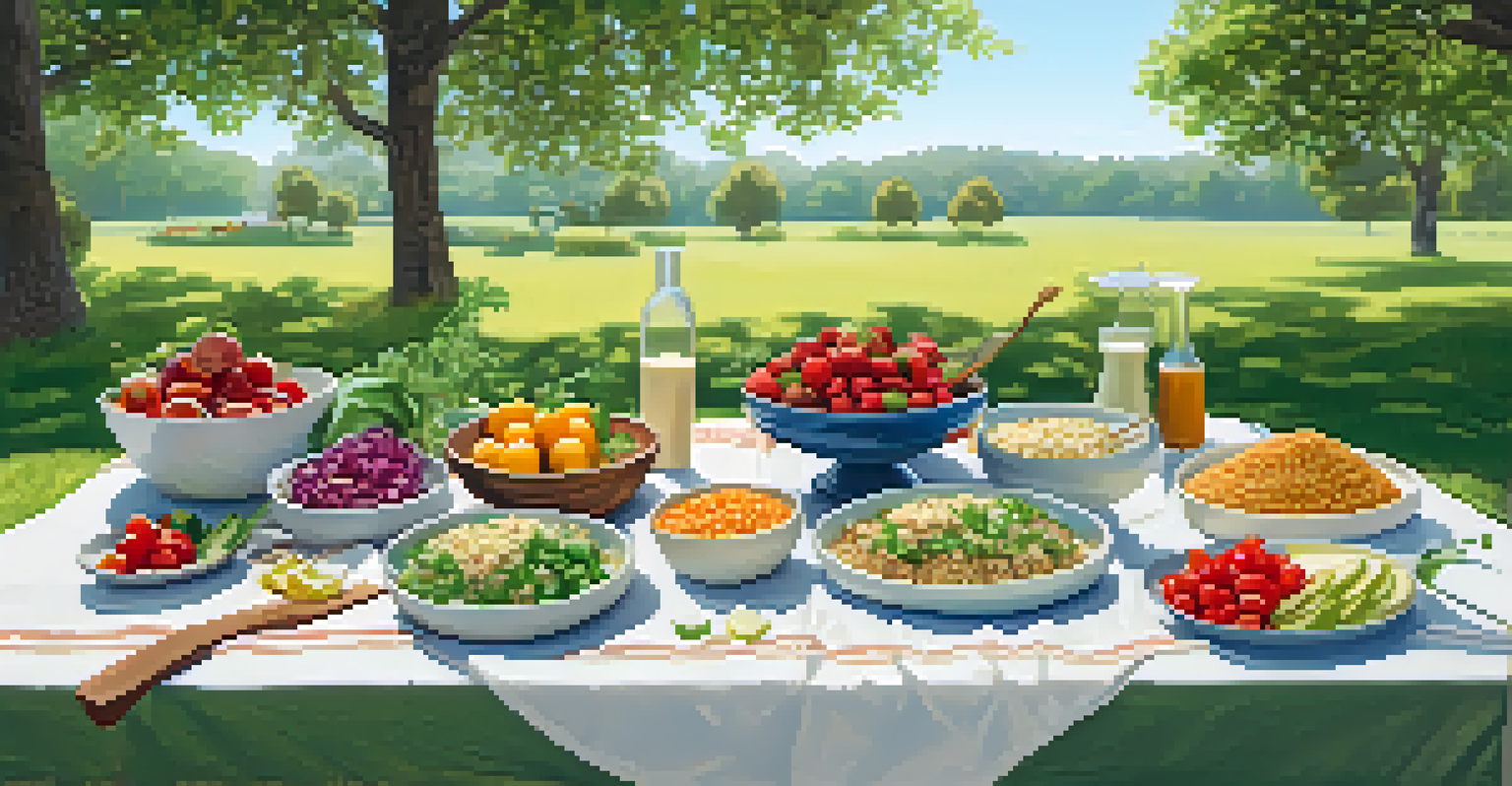 A serene outdoor picnic with a blanket on the grass filled with plant-based dishes, surrounded by nature.
