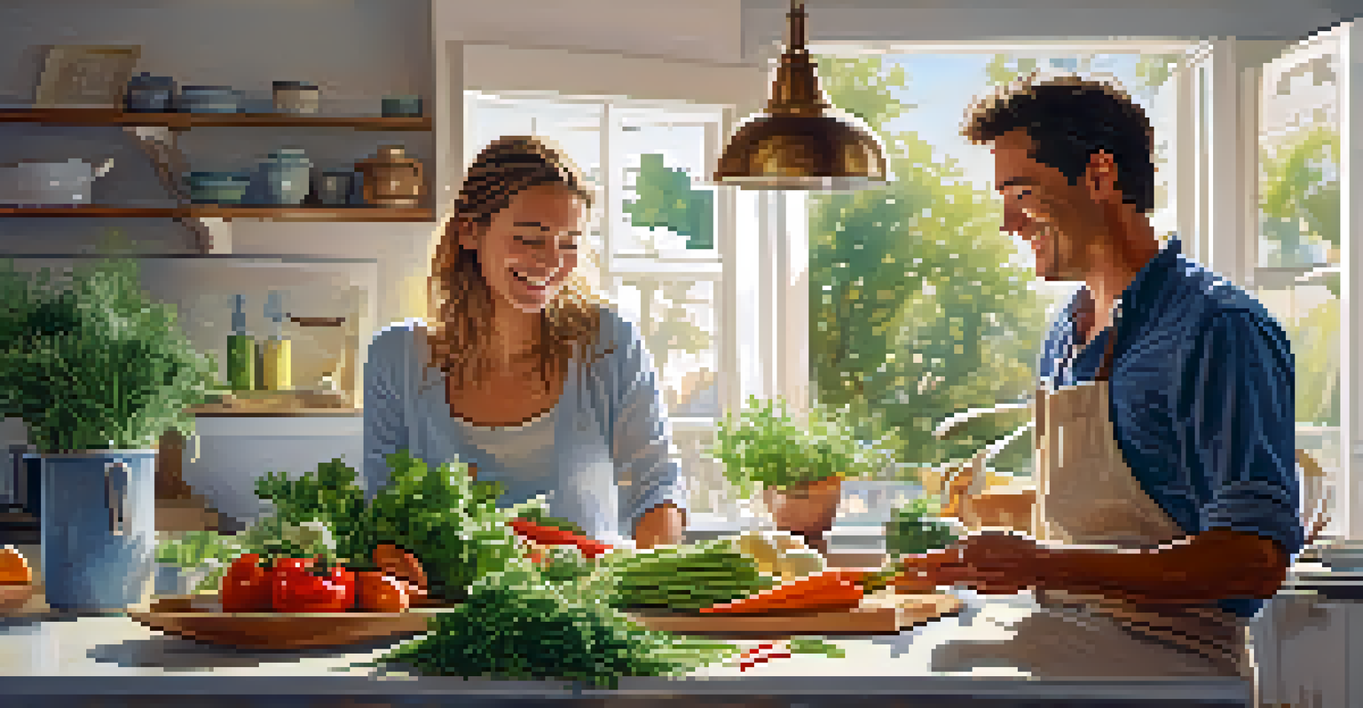 A couple laughing and cooking together in a bright kitchen filled with fresh vegetables.