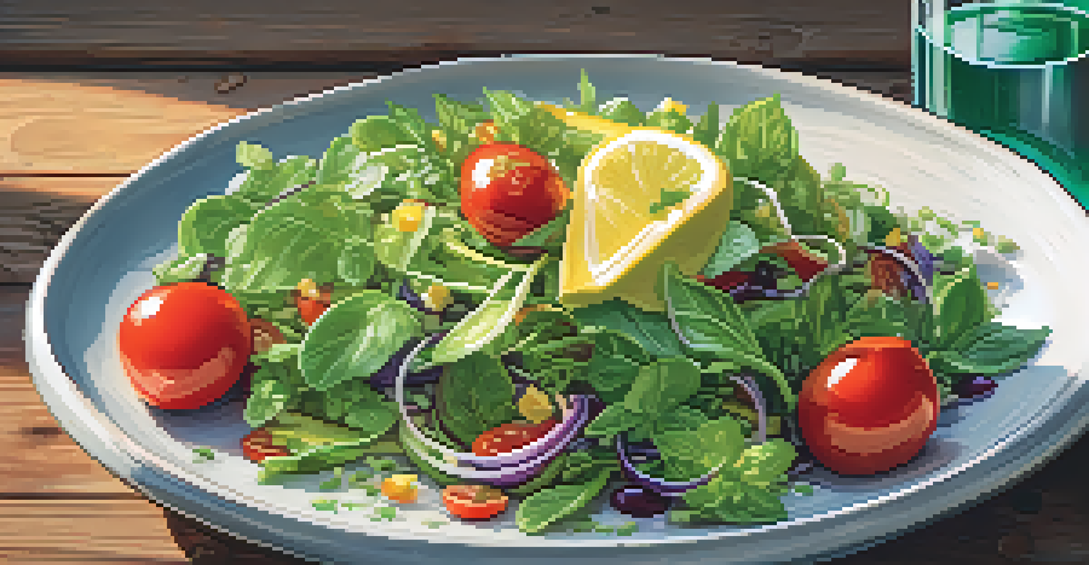A colorful plant-based salad beautifully arranged on a plate, accompanied by a glass of infused water on a rustic wooden table.