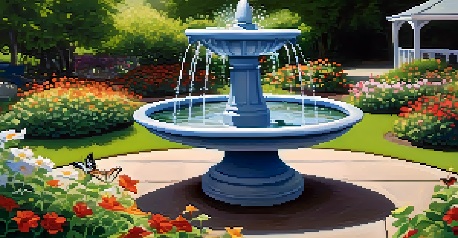 A clean water fountain in a vibrant community garden, surrounded by greenery and colorful flowers under sunlight.