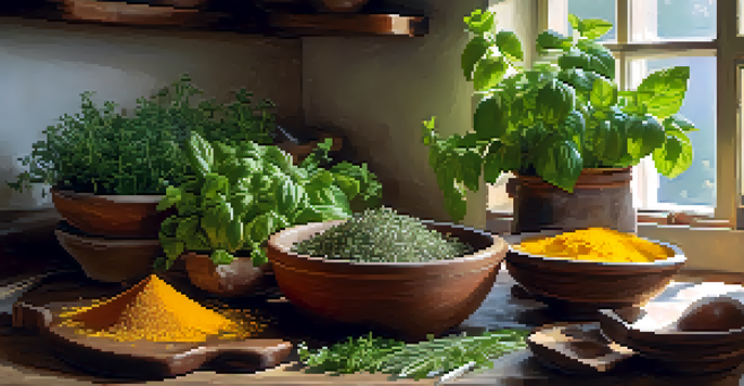 A cozy kitchen with fresh culinary herbs and a vibrant Mediterranean dish on a wooden table, illuminated by natural sunlight.