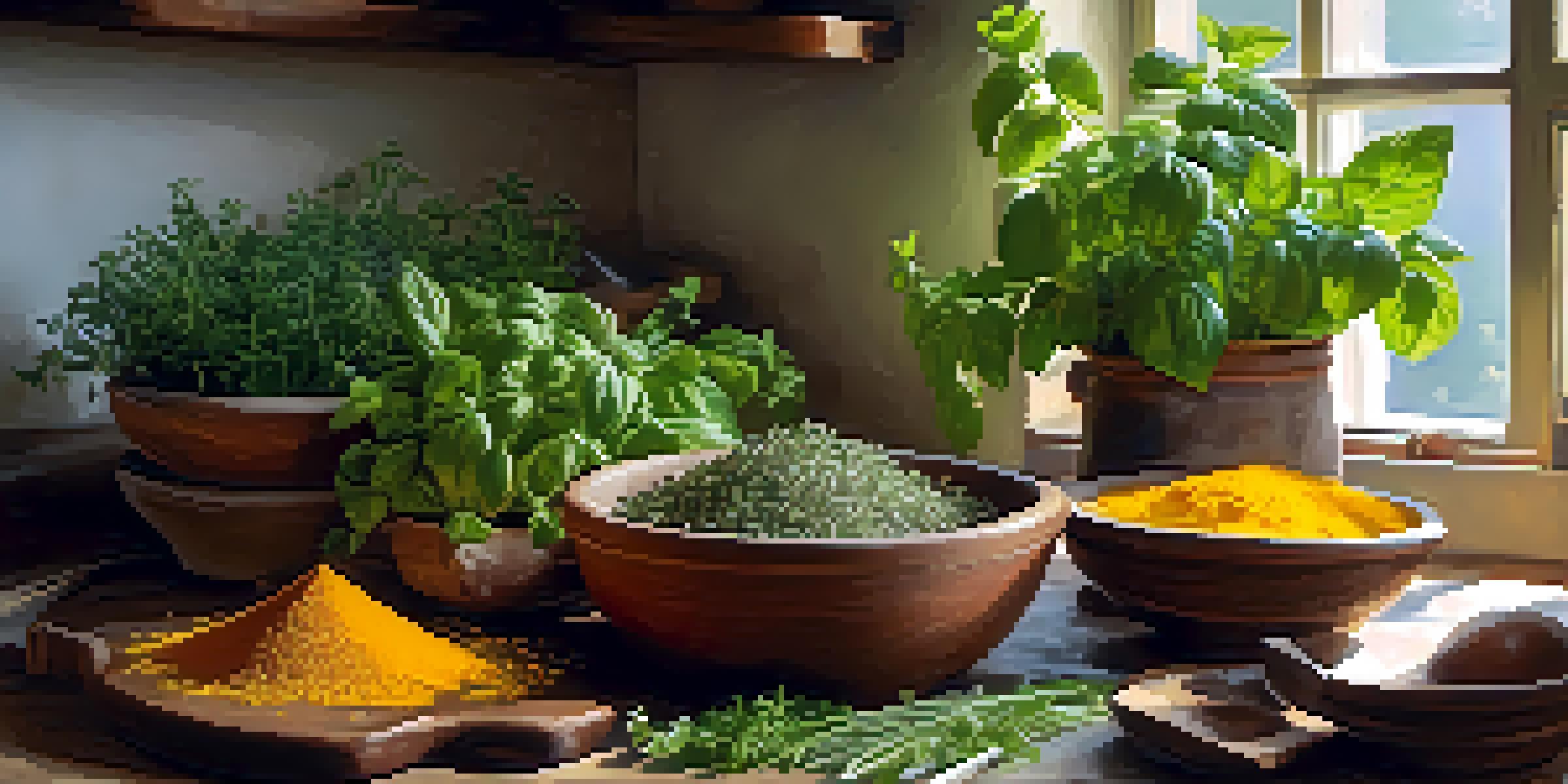 A cozy kitchen with fresh culinary herbs and a vibrant Mediterranean dish on a wooden table, illuminated by natural sunlight.