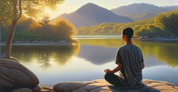 A person meditating by a calm lake at sunrise, surrounded by nature and greenery.