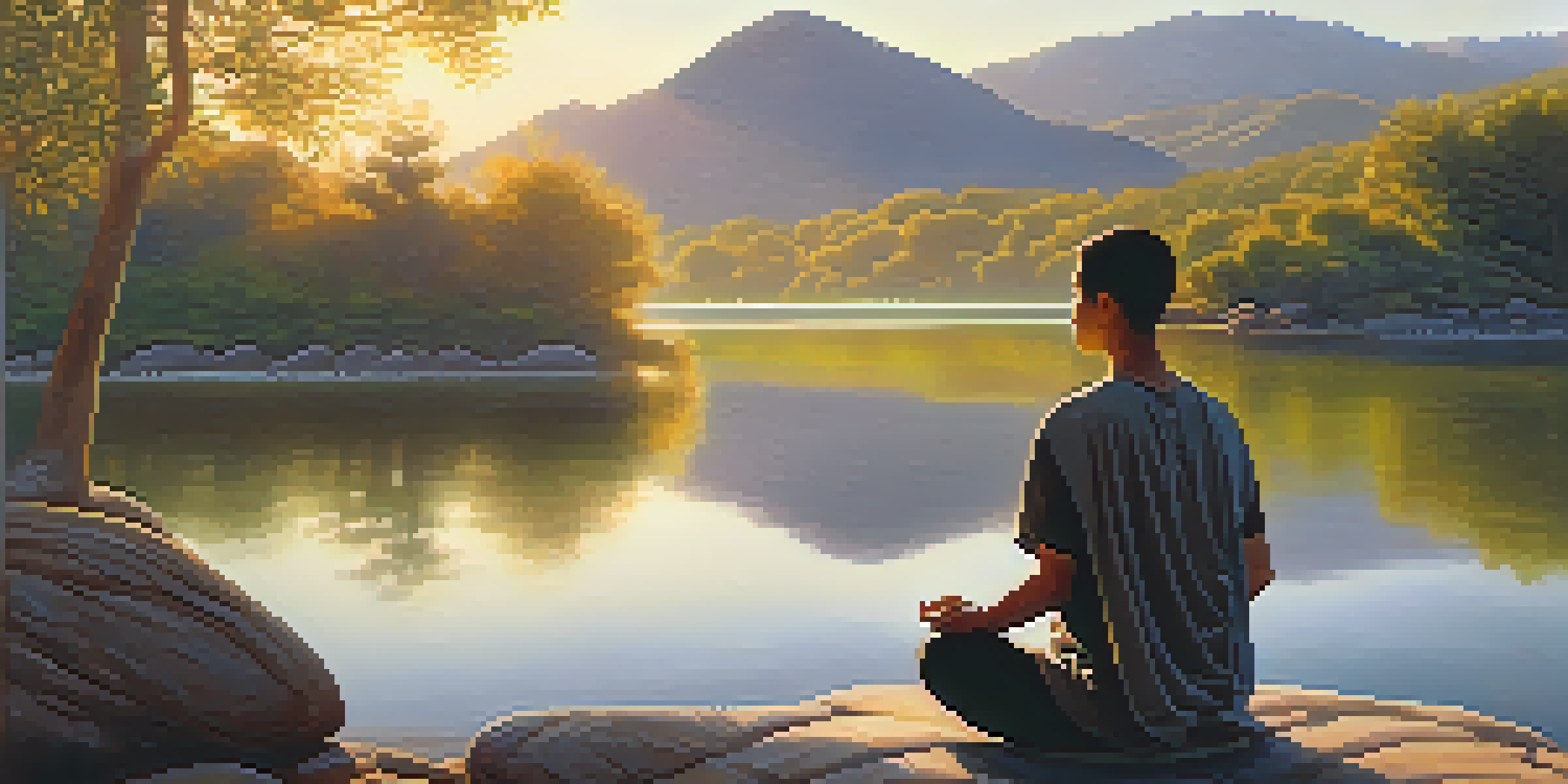 A person meditating by a calm lake at sunrise, surrounded by nature and greenery.
