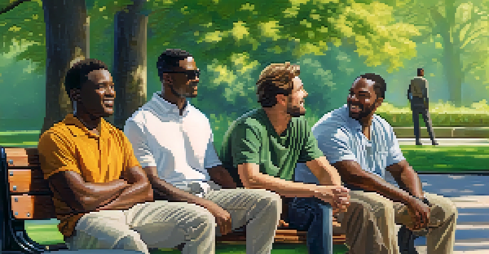 A diverse group of men sitting on a park bench, talking and sharing their feelings in a sunny outdoor setting.