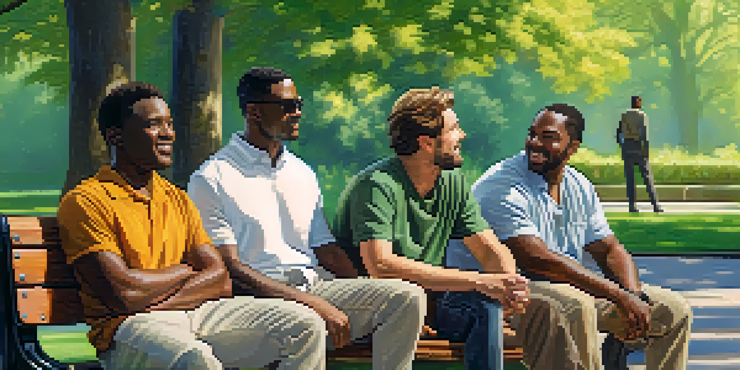 A diverse group of men sitting on a park bench, talking and sharing their feelings in a sunny outdoor setting.