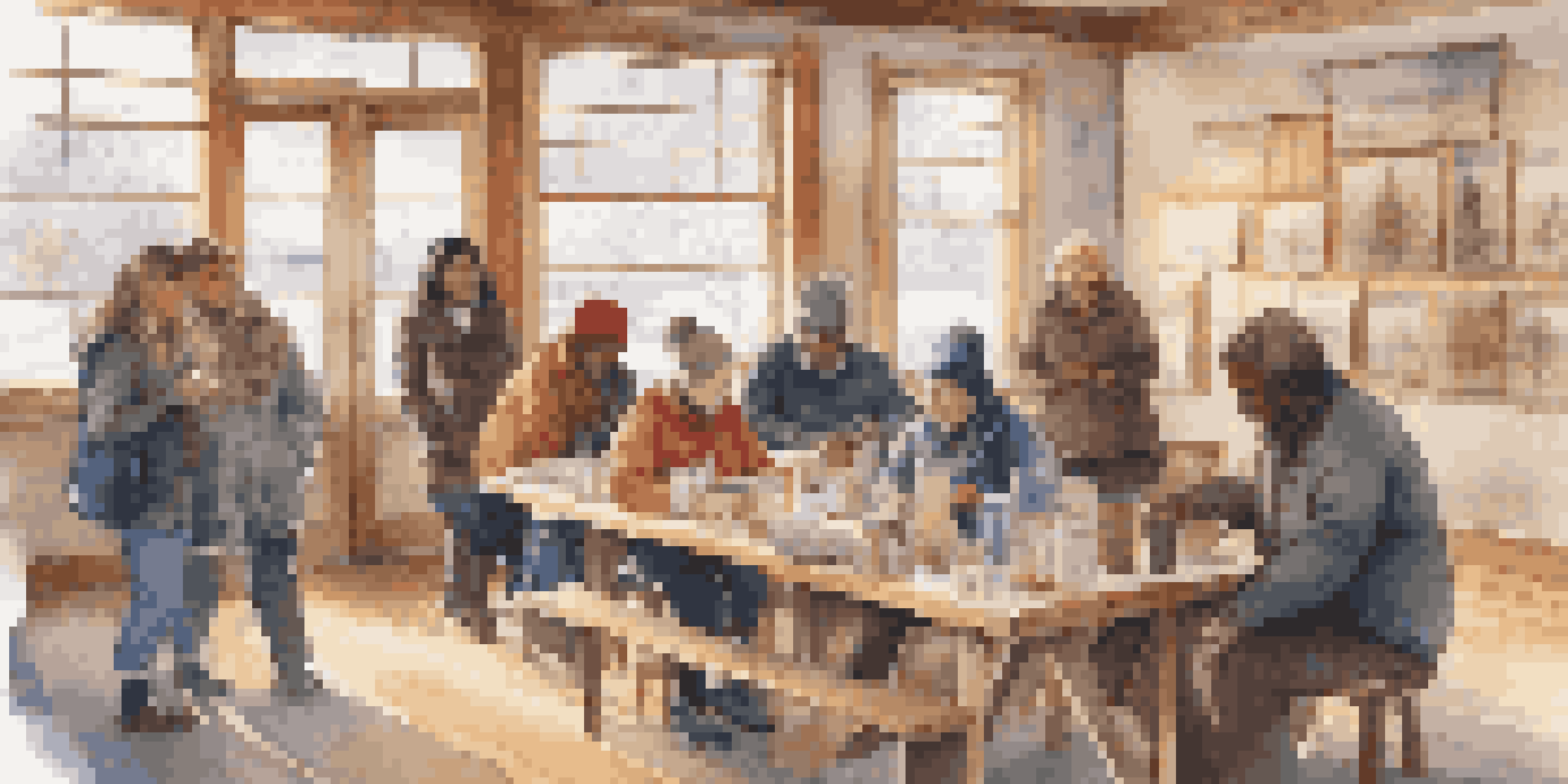 A diverse group of people participating in a creative activity inside a warm community center during winter, with snow visible outside the window.
