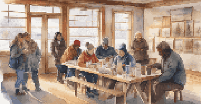 A diverse group of people participating in a creative activity inside a warm community center during winter, with snow visible outside the window.