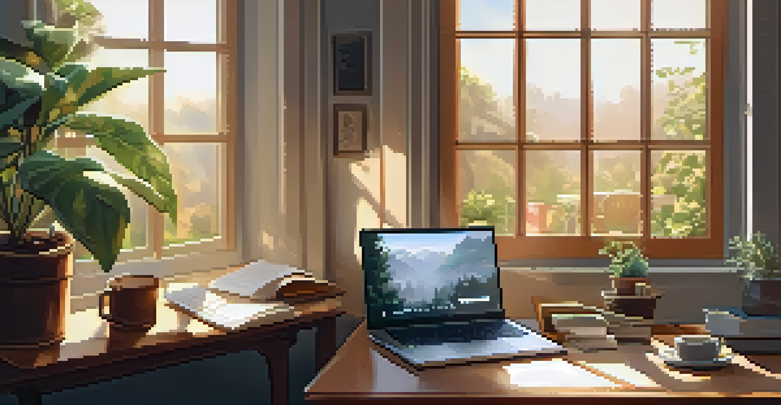A cozy workspace with a laptop, coffee, and plants, perfect for focused work.
